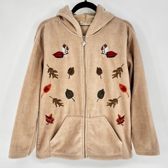 Nick & Sarah Tan Fall Leaves Hooded Zip-up  Fleece Jacket Size L - Picture 1 of 6